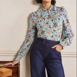 Boden Blue Smocked Neck Floral Top size 16/18